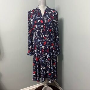 NANETTE LEPORE Navy floral print pleated front dress women’s size 10 long sleeve
